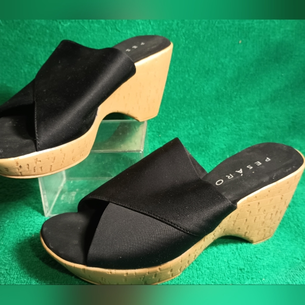 Pesaro Cork Wedge Platform Slip On Shoes Black Size 6
